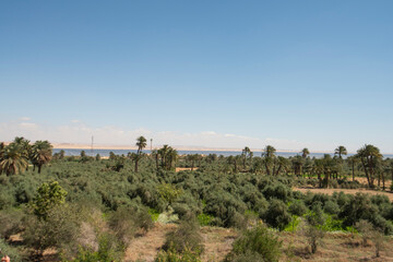 Panoramic view over remote african farmland with lake