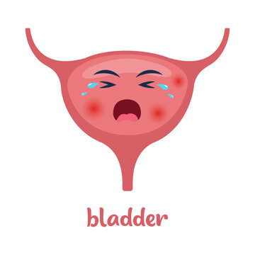Sick bladder with pain ache or disease. Sad cartoon character bladder, body organ injured or unhealthy. Human cartoon anatomy, kids medicine. Vector illustration.