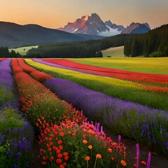Vibrant wildflowers blanket the landscape in this breathtaking photo. Explore the beauty of nature with this colorful and expansive image.