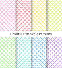 Set of seamless fish scale patterns in pastel rainbow colors. Linear fish scale patterns.