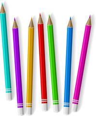 Realistic school supply. Office stationery. Sharpened wooden pencils. Drawing tools. Children painter education. Writing graphite pens. Different colors. Vector isolated crayons set