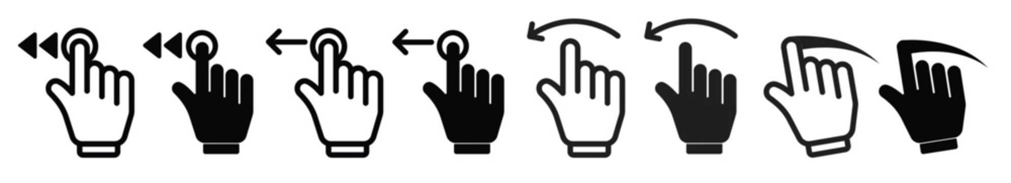 Swipe left icon set. drag or scroll to left side black editable hand sign. suitable for app or web ui design.