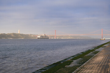 Luxury ocean liner cruiseship cruise ship Victoria or Elizabeth in port of Lisbon, Portugal during...