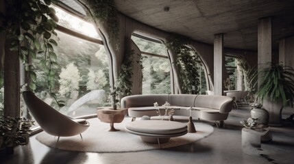 Fototapeta premium Jungle living room interior in a treehouse. Designed using generative ai. 