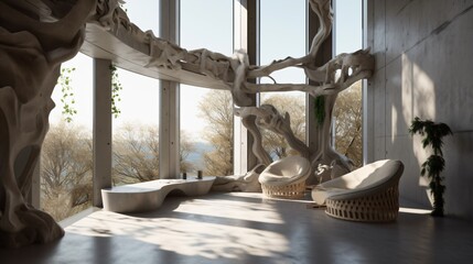 Fototapeta na wymiar Jungle living room interior in a treehouse. Designed using generative ai. 