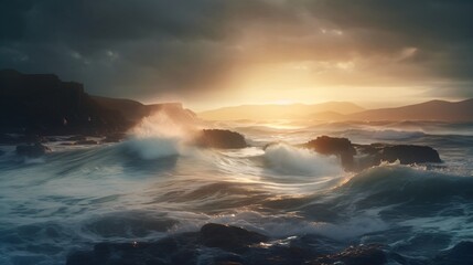 Fototapeta na wymiar waves breaking in the ocean at sunset. Designed using Generative ai