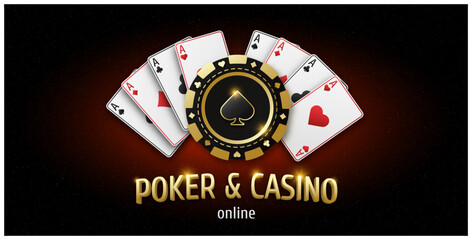 Obraz premium Illustration with text Poker and Casino. Realistic playing chip with the suit of spades, gambling tokens. Fans of playing cards ace of all suits. Gambling banner for web application or site. Vector