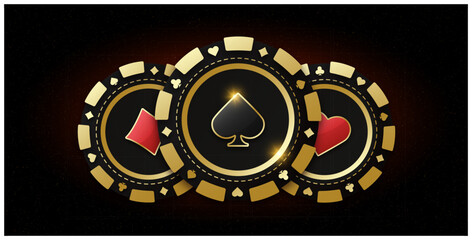 Trio of playing chips. Realistic playing chip with the suit of spades in the center, gambling tokens. The concept of playing poker or casino. Gambling banner for web application or site. Vector 