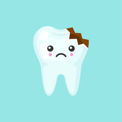 Broken tooth with emotional face, cute colorful vector icon illustration