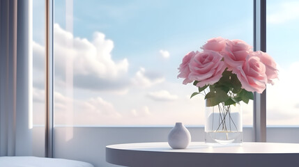 Pink flowers in a glass vase, large window with a view of clouds, Generative AI