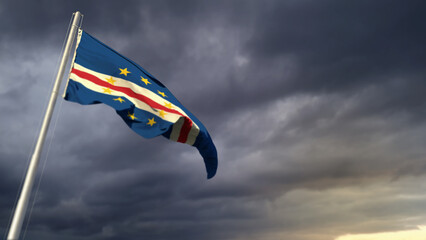 pretty Cabo Verde flag on massive dark clouds backdrop - abstract 3D illustration
