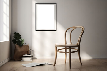 A blank picture frame mockup on a wall with a wooden chair on the floor. 
