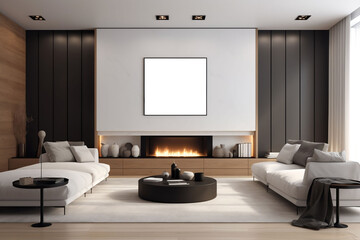 A living room with a fireplace and a white frame mockup 