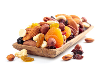 Mix of nuts and dried fruits isolated on a white background.