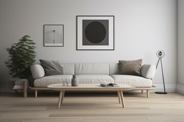 Bright minimalist living room with sofa, coffee table, empty poster, hardwood floor, and carpet. Ideal for business. Mockup. Generative AI