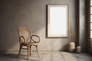 Fototapeta na wymiar A blank picture frame mockup on a wall with a wooden chair on the floor. Genarative ai