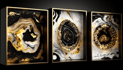Wall frames. Golden and Black liquid marble, Generative AI