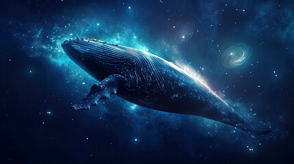 Obraz na płótnie Canvas whale is flying in space among stars and Milky Way. Children's surreal dreamy dream. Generative AI illustration