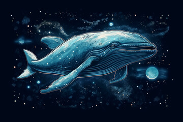 whale is flying in space among stars and Milky Way. Children's dreamy dream. Generative AI illustration