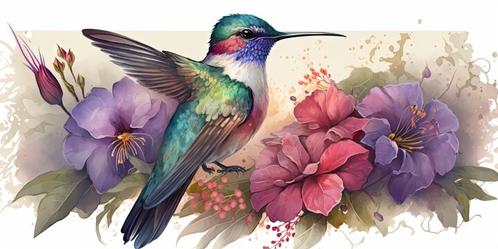 Colorful humming bird on stick tree with flower in watercolor design artistic. Concept of painting technique isolated on white background in canvas. Glorious generative AI.