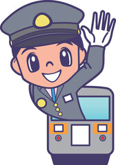 列車から笑顔で手を上げる車掌