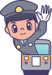 列車から手を上げる車掌