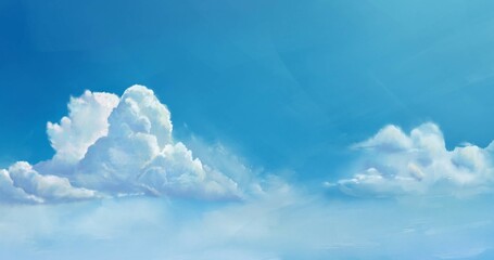 Anime sky background. Clouds front view above horizon. Clear sunny day, high heaven with sunlight. Digital cartoon style painting for text, card, banner, design, poster, website, animation,publication - 600321206