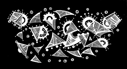 Pattern from abstract shapes. Circles, dots, triangles, semicircles. Shaded elements. Ornament White outline Black background