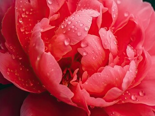 Coral Red Peony Petals with Water Drops Close-Up - AI generated