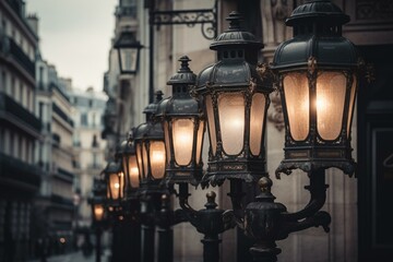 Vintage streetlights on a Parisian plaza. Generative AI