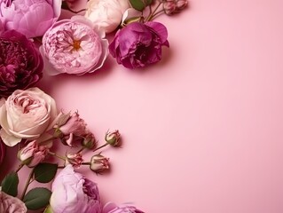 Peonies and Roses on Pink Background with Copy Space - AI generated