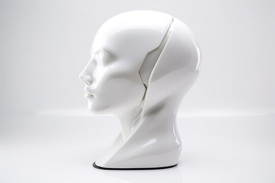 Abstract and futuristic woman white mannequin portrait in black background. Generative AI