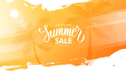Summer Sale promotional banner. Summertime commercial background with hand lettering, summer sun and palm trees for business, seasonal shopping, promotion and sale advertising. Vector illustration. - obrazy, fototapety, plakaty