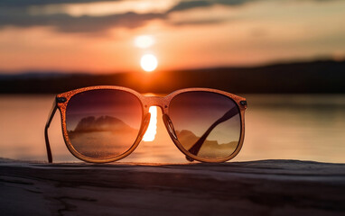 Fototapeta na wymiar Sunglasses on the beach at sunset. Generative AI technology.