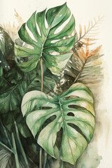 Fototapeta Watercolor style painting of topical plant leaves. Generative AI illustration obraz