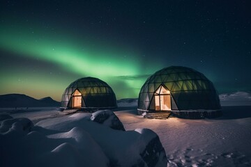 Fototapeta na wymiar Two dome structures amidst snowy terrain with aurora lighting. Generative AI