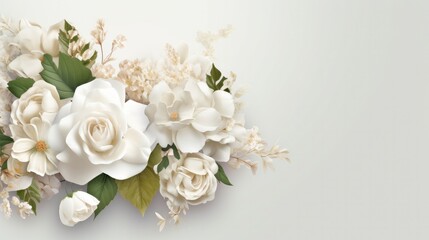 Obraz na płótnie Canvas Elegant floral background with a focus on white and beige color accent. Wedding flower arrangement. Exclusive texture with copy space. Generative AI. 
