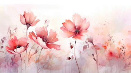 Watercolor floral background, aquarelle wild flowers. Delicate field flower. Beautiful wallpaper texture. Charm. Generative AI. 