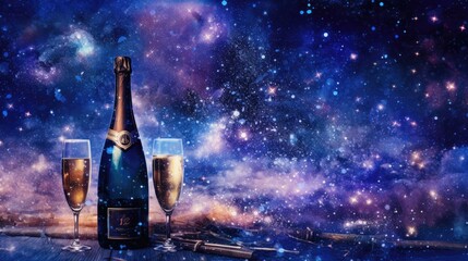 New Year background with a sparkling champagne. Festive abstract illustration. Generative AI. 