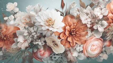 Photorealistic floral abstract background with a vintage look. Exclusive flower arrangement in pastel color. Beautiful wallpaper texture. Generative AI. 