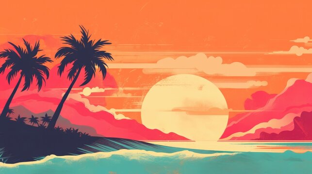 Elegant summer background featuring a beach scene with sunset. Vacation, holiday, travel, warm weather. Generative AI. 
