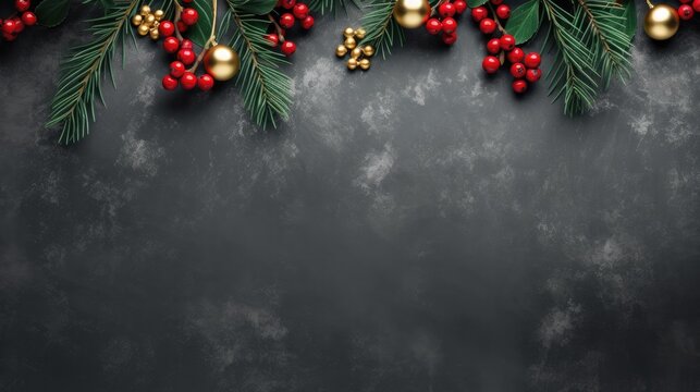 Festive Christmas garland background with negative space. Pine cones arrangement with red branches berries and golden balls. Merry Christmas. Generative AI. 