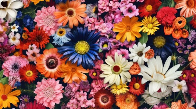 Stunning photorealistic floral background with a variety of bright coloured vivid flowers. Charming wallpaper texture. Generative AI. 