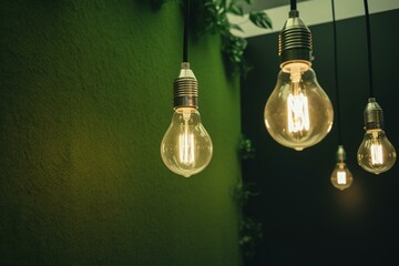 Light bulbs hanging on a green wall in the background and foreground with a bulb on the wall. Generative AI