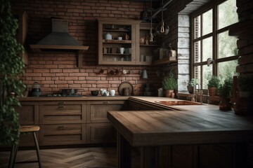 Kitchen made of bricks with table. Generative AI
