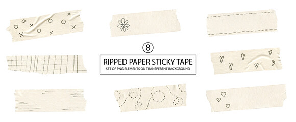 Set of ripped paper sticky tape with hand drawing ornament. Scrapbooking, collage and card making...