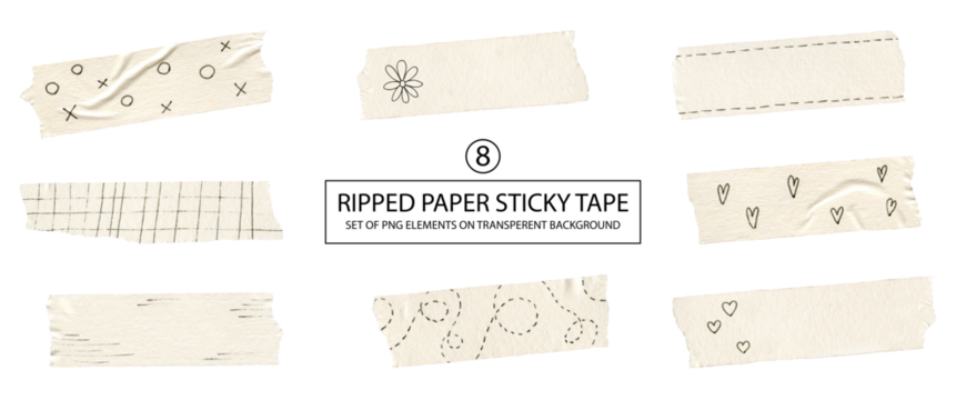 Set of ripped paper sticky tape with hand drawing ornament. Scrapbooking, collage and card making decor