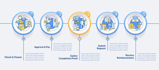 Apply for tuition assistance circle infographic template. Data visualization with 5 steps. Editable timeline info chart. Workflow layout with line icons. Lato-Bold, Regular fonts used
