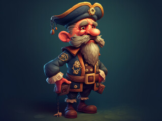 3D cartoon character, long bearded pirate, wearing sailor hat, background image for game developers, realistic design, generative ai