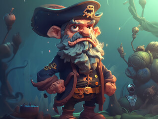 3D cartoon character, long bearded pirate, wearing sailor hat, background image for game developers, realistic design, generative ai